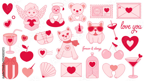 Playful assortment of red heart and fruit-themed icons in a scattered arrangement Vector