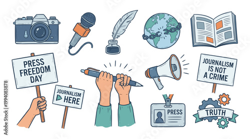 World press freedom day vector doodle element set featuring protest signs broken chains camera microphone globe and typography for independent journalism and media rights concept.