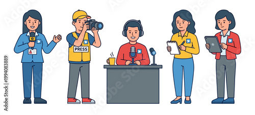 World press freedom day vector illustration showing a diverse team of journalists including reporters cameraman and news anchor working together for media independence concept.