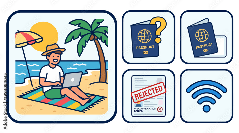 Fototapeta premium Digital Nomad Working on Beach with Visa Rejection and Passport Problems Icons