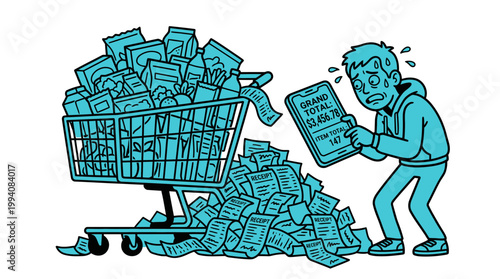 Man Stressed by High Grocery Bill and Inflation Shock Looking at Smartphone with Overflowing Shopping Cart and Receipts Illustration