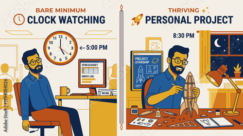 Comparison of bored employee clock watching at office and motivated man working on personal rocket project at home workshop for work life balance concept