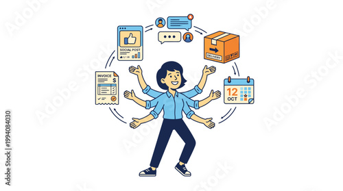 Multitasking Business Woman Illustration Managing Workflow Icons Including Invoicing Social Media Marketing Logistics and Scheduling