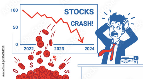 Stock Market Crash Illustration Featuring Panicking Businessman and Falling Coins on a Declining Financial Graph Concept for 2024 Economic Crisis