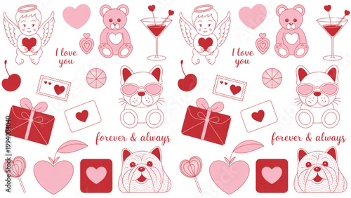 Colorful assortment of heart-themed gift boxes and decorative elements scattered across a festive backdrop Vector