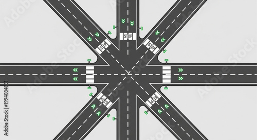 Complex Road Intersection with Multiple Lanes and Traffic Signals.