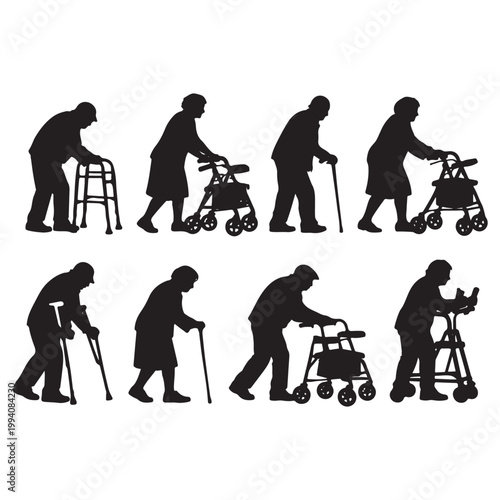 Elderly People Walking Aid Silhouettes – Senior Vector Collection