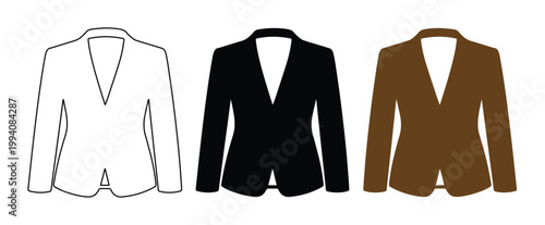 Professional women's blazer vector set, elegant business jacket in black, white outline, and brown, versatile formal wear for corporate fashion and office attire