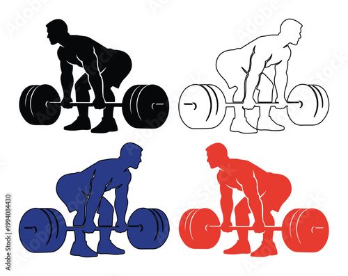 Deadlift exercise vector illustration set, strong man lifting heavy barbell, fitness workout silhouette, gym training graphic resource for health and wellness designs