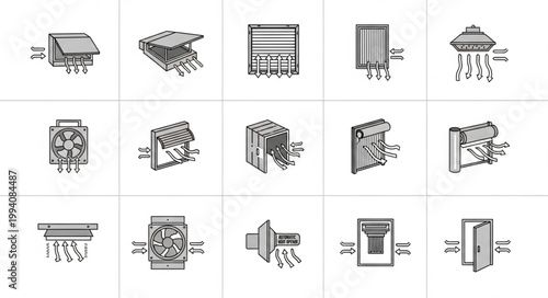 Set of various ventilation systems and air conditioning units.