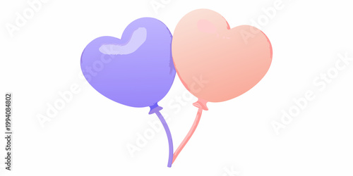 Two heart shaped balloons one purple and one peach floating together