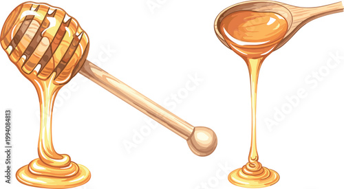 Golden Honey Dripping from Wooden Dipper Stick and Spoon Flowing Sweet Syrup Watercolor Vector Illustration Set Isolated on White Background