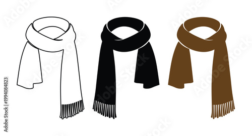 Winter scarf vector set, three cozy cold weather accessories, black, brown, and outline scarves for fashion and apparel design, warm knitted fabric illustrations.