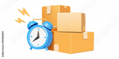 Time sensitive delivery with cardboard boxes and a blue alarm clock