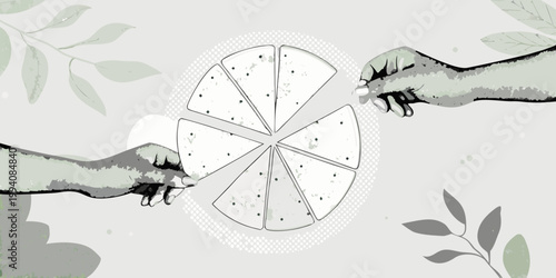 Two hands reaching for slices of a lemon abstract illustration