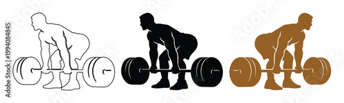 Deadlift vector icon set, three variations of a strong man lifting a barbell, fitness and gym workout illustration, powerlifting exercise graphic element for sports branding