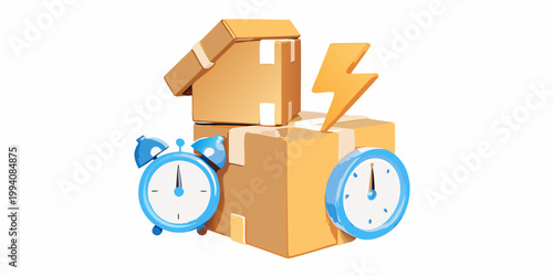 Fast delivery service with packages a clock and a lightning bolt