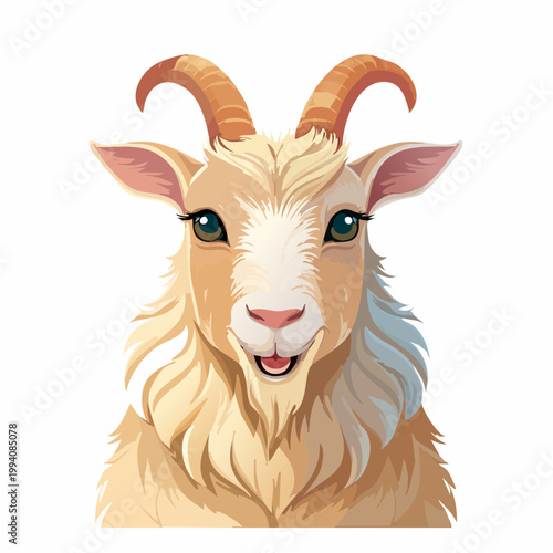 A cheerful cartoon goat with horns smiles directly at the viewer in a close-up portrait.