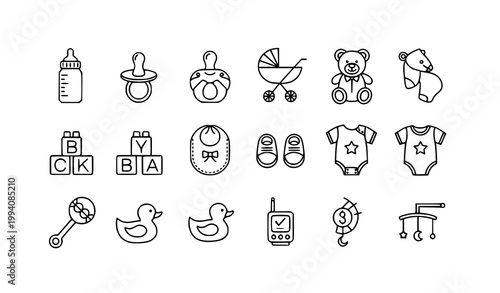 Minimal baby icons vector collection with nursery accessories in outline style isolated on white