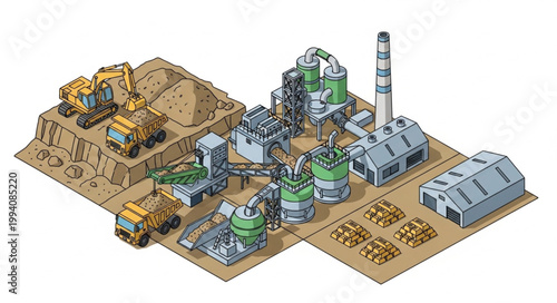 Industrial factory complex with heavy machinery and raw materials.