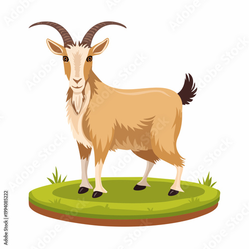 A cartoon goat stands on a green grassy patch in a natural landscape.