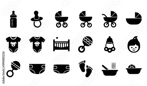 Baby icon set vector with nursery items including bottle pacifier stroller and crib isolated on white background