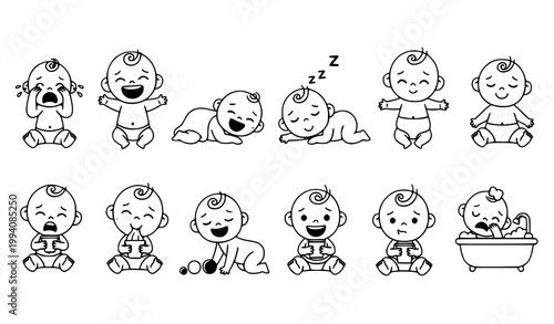 Cute cartoon baby set with different emotions and daily activities including crying laughing sleeping and bathing isolated on white background