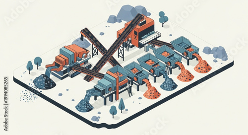 Industrial mining and processing plant isometric illustration.