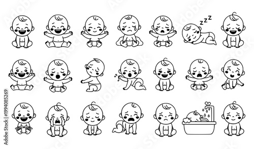 Cute cartoon baby icon set with emotions and daily activities characters isolated on white background