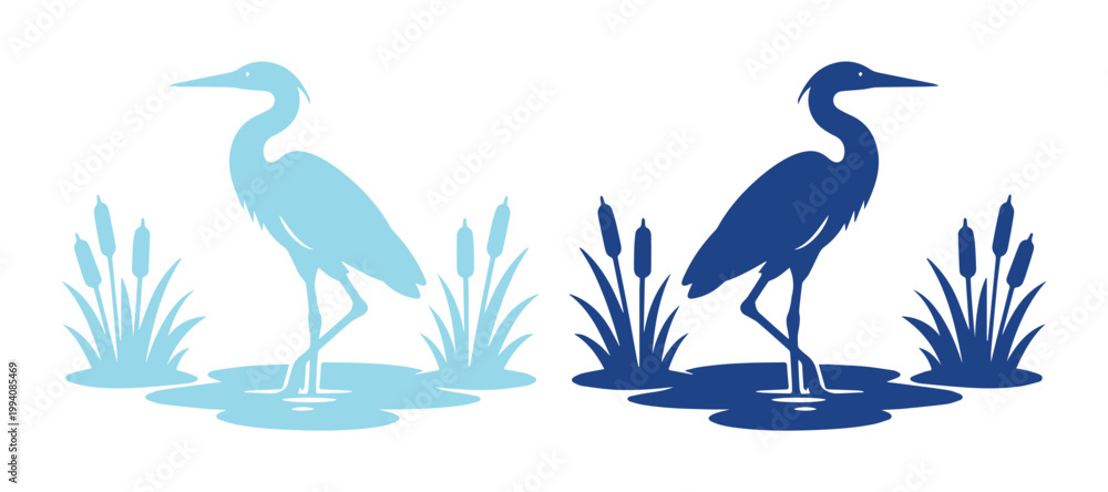 Naklejka premium Elegant Heron Vector Silhouettes, a pair of blue and light blue wading birds in water with cattails, ideal for nature-themed branding and wetland conservation designs