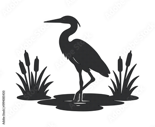 Elegant heron silhouette vector, graceful wading bird in a pond with cattails, minimalist wildlife illustration, nature-inspired graphic resource for branding and design projects.