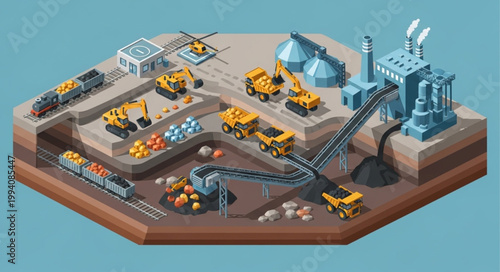 Industrial mining operation with heavy machinery and processing plant.