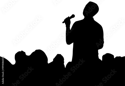Black Silhouette of a Singer Performing with a Microphone in Front of an Audience on White Background