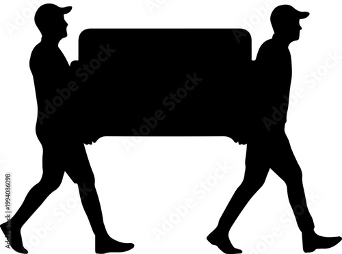 Black silhouette of two movers carrying a heavy piece of furniture or sofa for relocation and delivery services