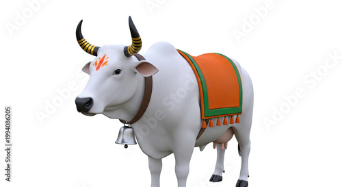 3D Render of a Decorated White Cow with Bell and Saddle