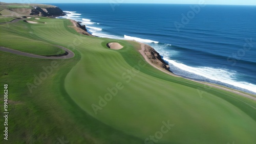 golf course aerial landscape with sea waves and green fairway