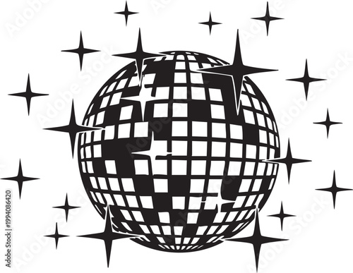 Disco ball, black and white, vector illustration, dance party decoration, shiny starburst design