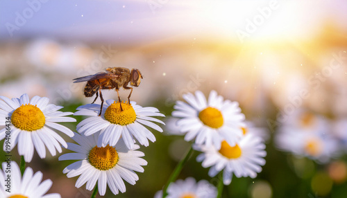 Hoverfly pollinating a white chamomile daisy at sunrise