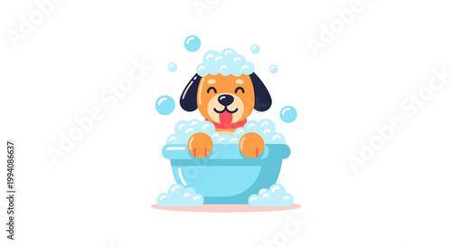Happy Dog Getting a Bath In A Bubble-Filled Tub