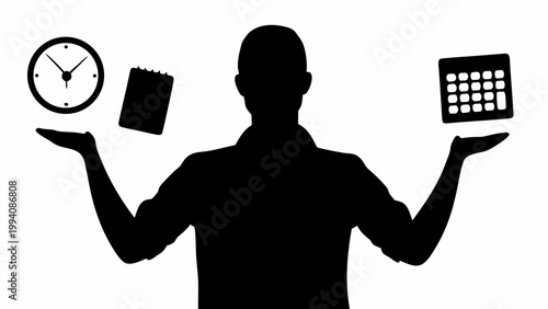 Silhouette of person juggling clock calendar and notebook symbolizing multitasking and time management