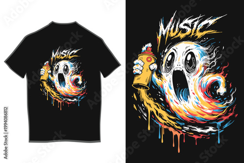 Abstract Music Ghost Graffiti T-Shirt Design with Spray Paint Art and Colorful Street Style Illustration