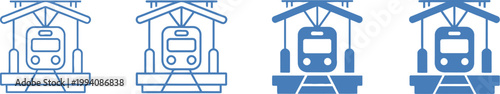 Railway outline icons set, minimalist vector icons of high speed trains and railway depot structures for transportation and logistics design projects.