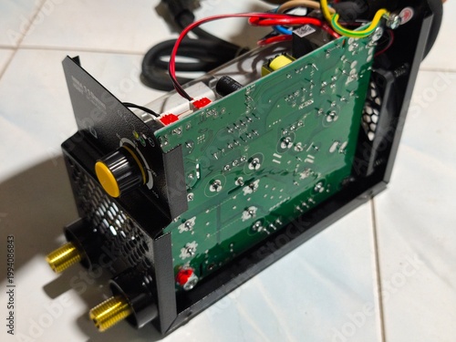 close-up of printed electronic circuit board with Level adjustment circuit of welding machine