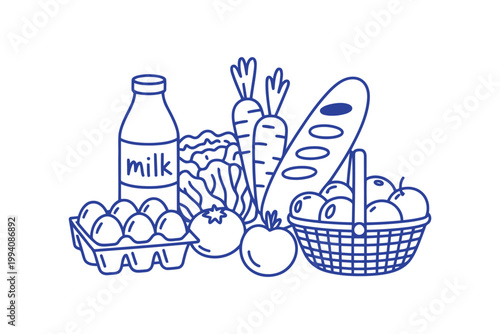 Farm fresh products bundle with milk eggs and assorted vegetable line.