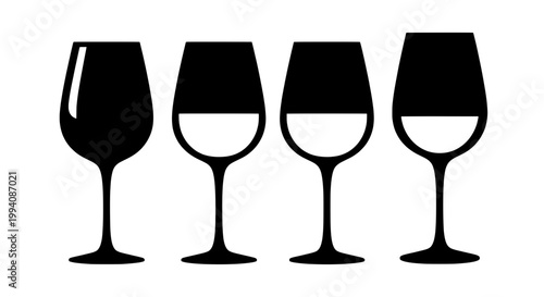 Glasses wine icon set with four minimalist cups and transparent stems for restaurant menus and dining graphics