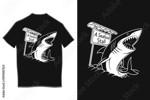 Funny Shark Cartoon T-Shirt Design with Market Stall Concept Creative Minimal Illustration
