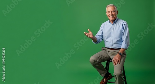 Cheerful mature man wearing a light blue button down shirt and grey pants sitting on a stool on a bright green surface with his hand outstretched in a welcoming gesture conveying positive