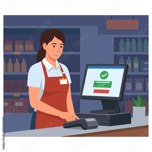 A smiling woman operates a cash register at a store counter.