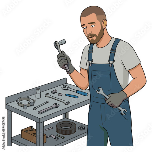 A man in overalls uses a wrench and holds a hammer near a workbench.
