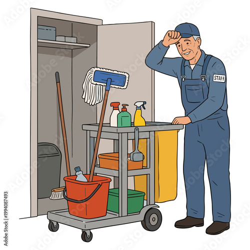 Man standing next to cleaning cart with bucket and supplies in storage room